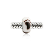 Black White Footprint Murano Glass Bead Charm .925 Sterling Silver