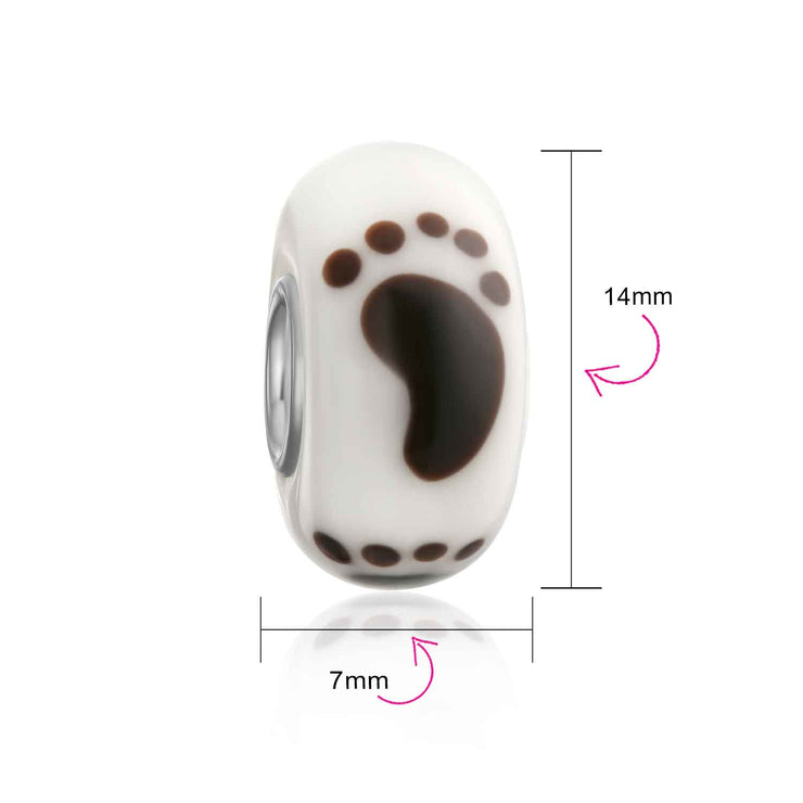 Set of 3 Black White Sand Tiny Feet Footprints Charm Bead Murano Glass Silver