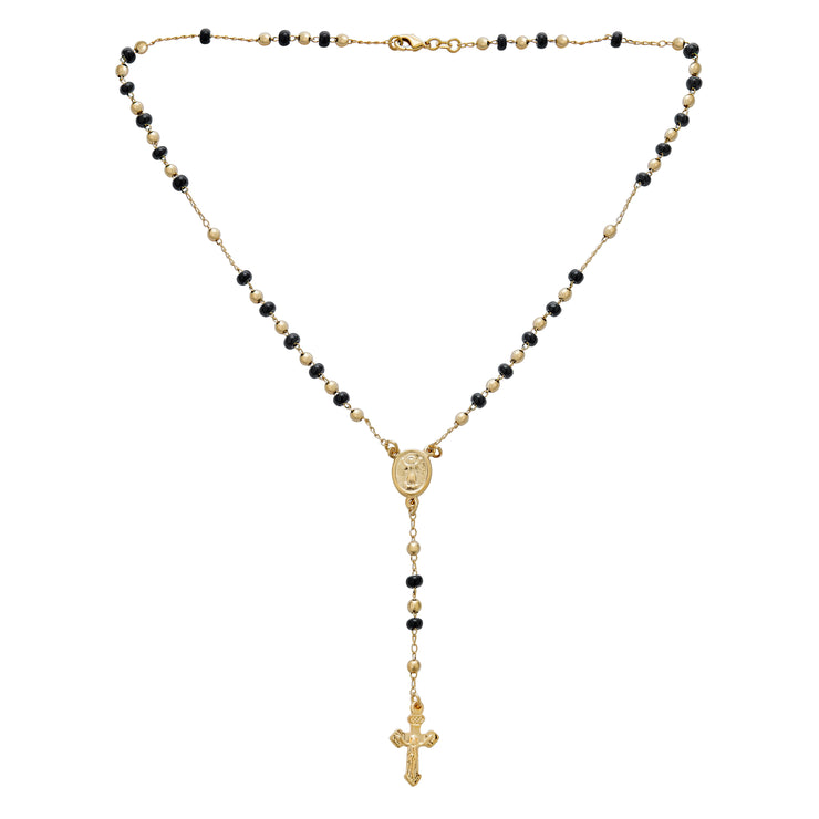 Religious Black & Gold Bead Rosary Necklace with Virgin Mary & Crucifix Cross