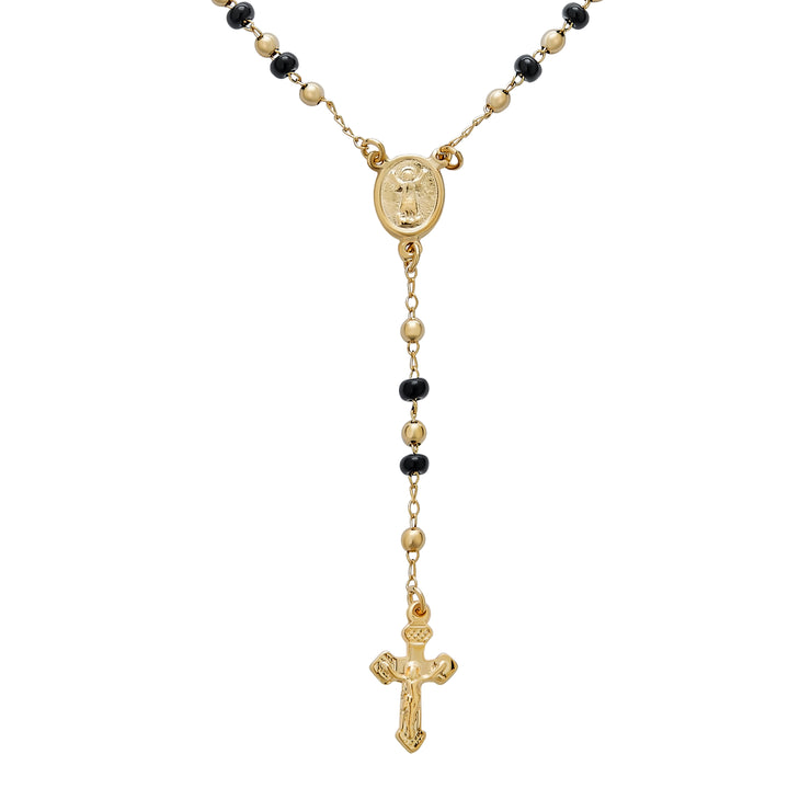 Religious Black & Gold Bead Rosary Necklace with Virgin Mary & Crucifix Cross