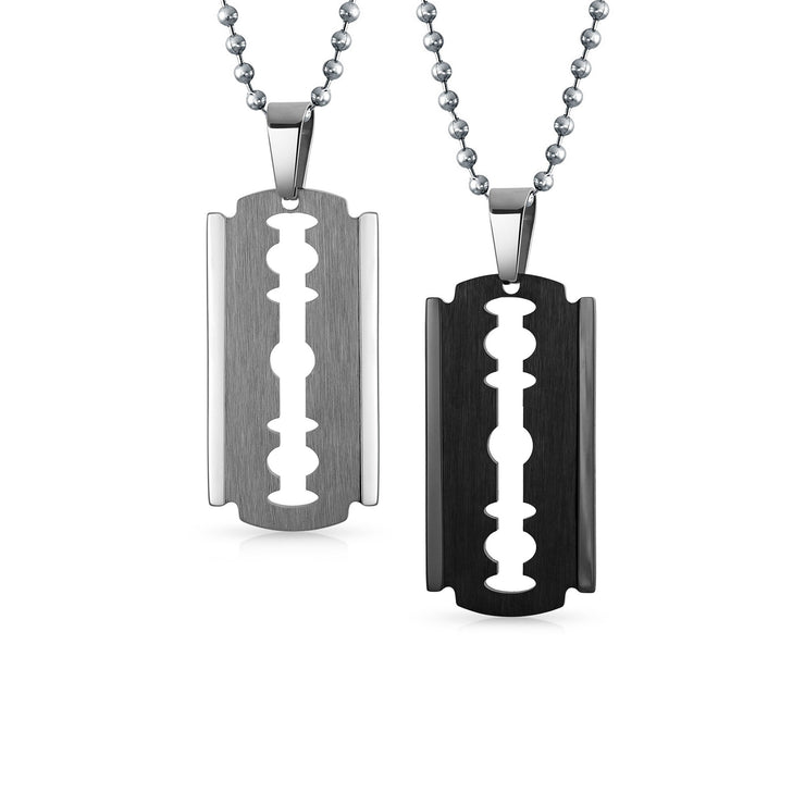 Set of 2 Hip Hop Biker Jewelry Razor Blade Pendant Necklace Black Silver Plated