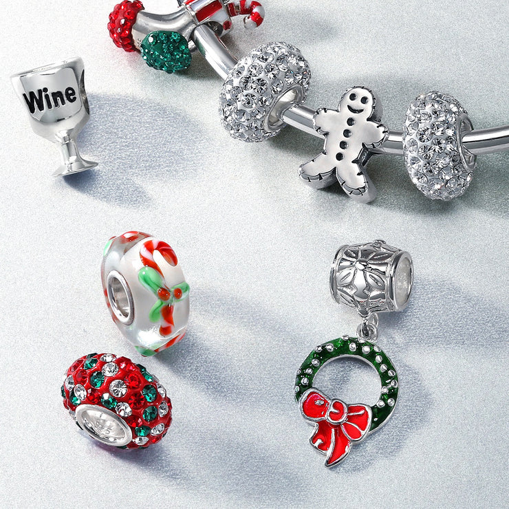 Christmas Charm Bead Gingerbread Man Bow Tie Sterling Silver for European Bracelet