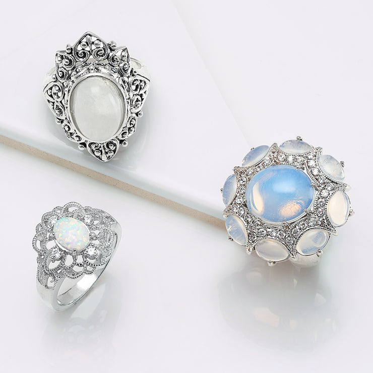 Oval Flower White Created Opal Full Finger Ring .925 Sterling Silver