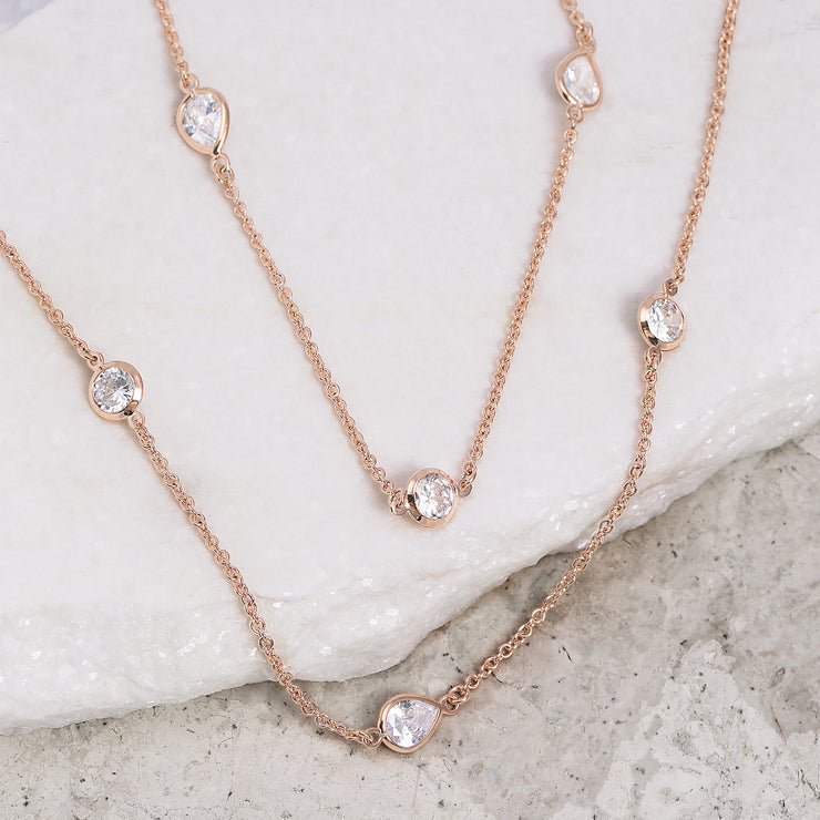 Long Rose Gold Plated CZ Tin Cup Chain Endless Wrap Layer Necklace 36"