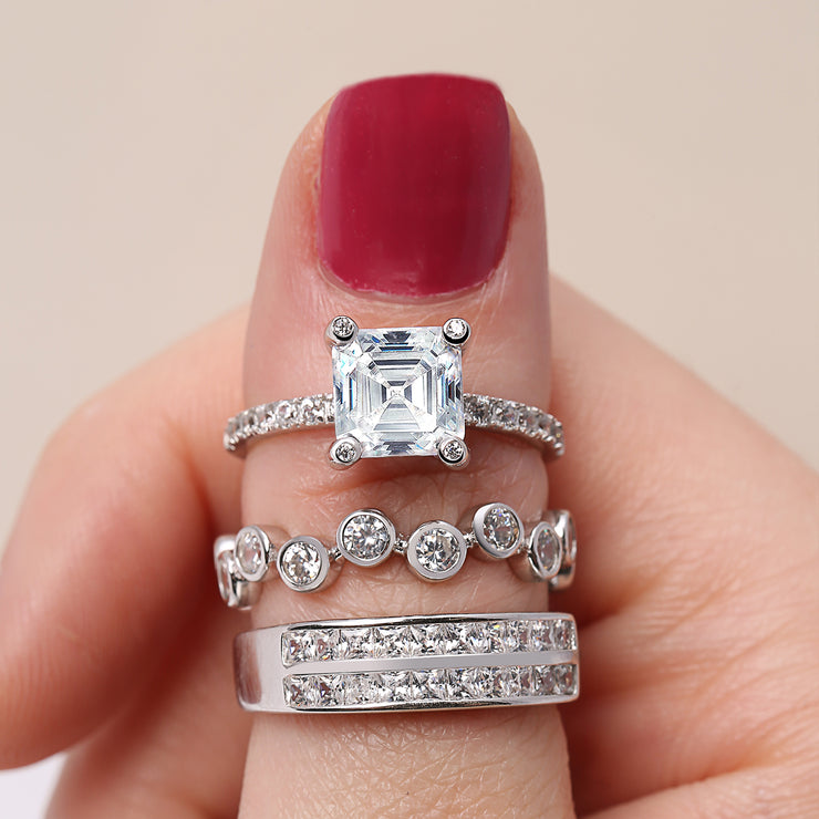 Cocktail Statement Ring: Two Row CZ Channel Set Princess Cut Anniversary Band 925 Silver