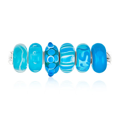 Aqua Blue Murano Glass Bead Charm Bundle Mixed Set .925 Sterling Silver