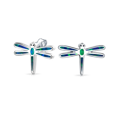 Blue Created Opal Garden Dragonfly Stud Earrings .925 Sterling Silver