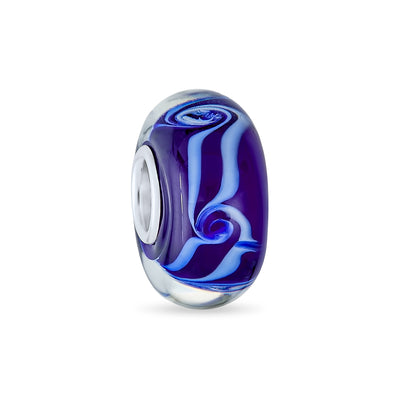 Glass Charm Bead Ocean Wave Swirl Murano Blue for European Bracelet Silver Core