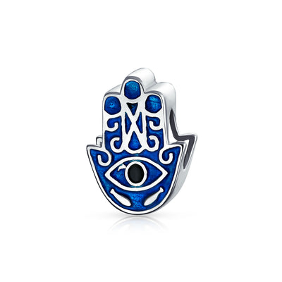 Blue Hamsa Hand Evil Eye Good Luck Charm Bead in Sterling Silver for Bracelets