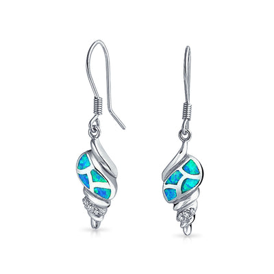 Created Blue Opal Nautical Dangle Gemstone Earrings Sterling Silver Fish Hook