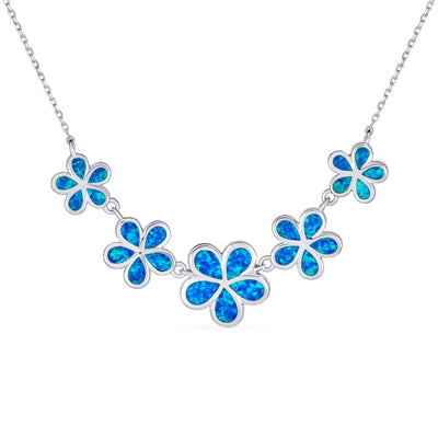 Blue Opal Hawaiian Flower Plumeria Statement Necklace .925 Silver