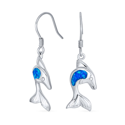 Created Blue Opal Nautical Dolphins Drop Earrings .925Sterling Silver