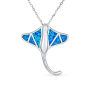 Stingray Sea Lover Pendant Blue Created Opal Necklace Sterling Silver