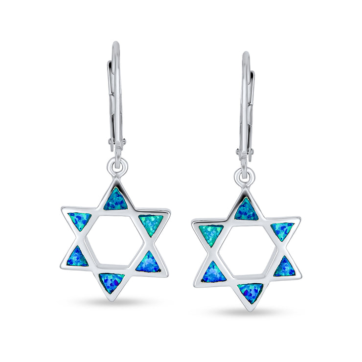 Blue Created Opal Je Star of David Drop Earrings .925 Sterling Silver