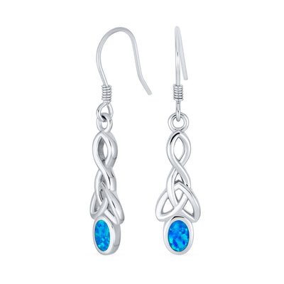 Celtic Love Knot Oval Blue Opal Dangle Earrings .925Sterling Silver