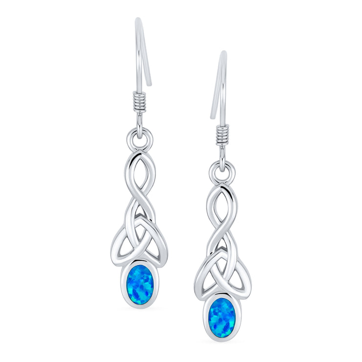 Celtic Love Knot Oval Blue Opal Dangle Earrings .925Sterling Silver