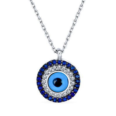 Turkish Blue Evil Eye Pendant Necklace with CZ Amulet in Sterling Silver