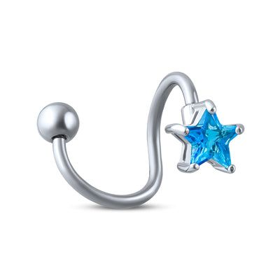 Aqua Blue Star Cubic Zirconia CZ Bar Navel Belly Ring Stainless Steel