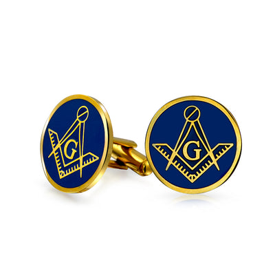 Round Circle Disc Freemasons Compass Symbol Shirt Cufflink Royal Blue Enamel