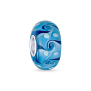 Set of 4 Murano Glass Charm Bead Blue Aqua Wave Swirl Spacer Silver Core
