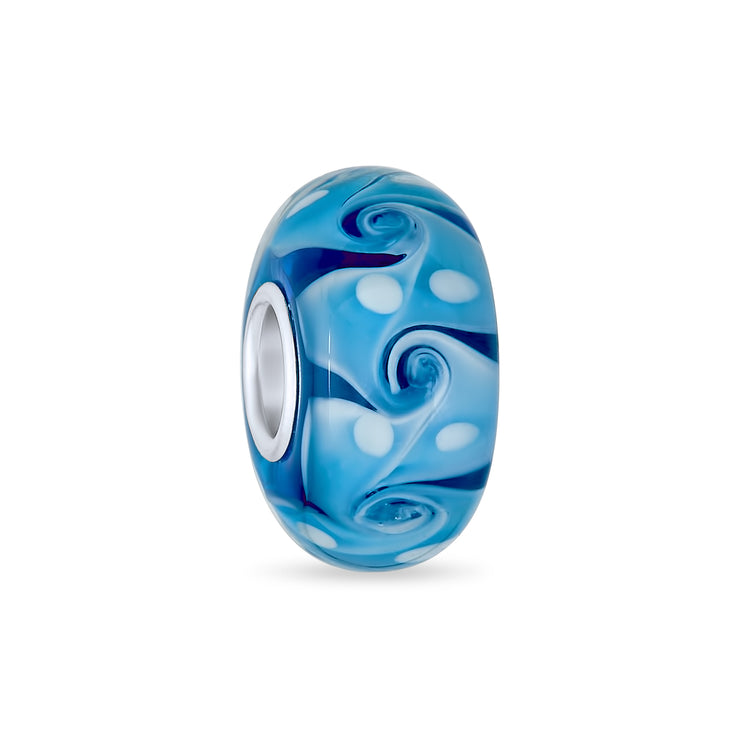 Set of 4 Murano Glass Charm Bead Blue Aqua Wave Swirl Spacer Silver Core