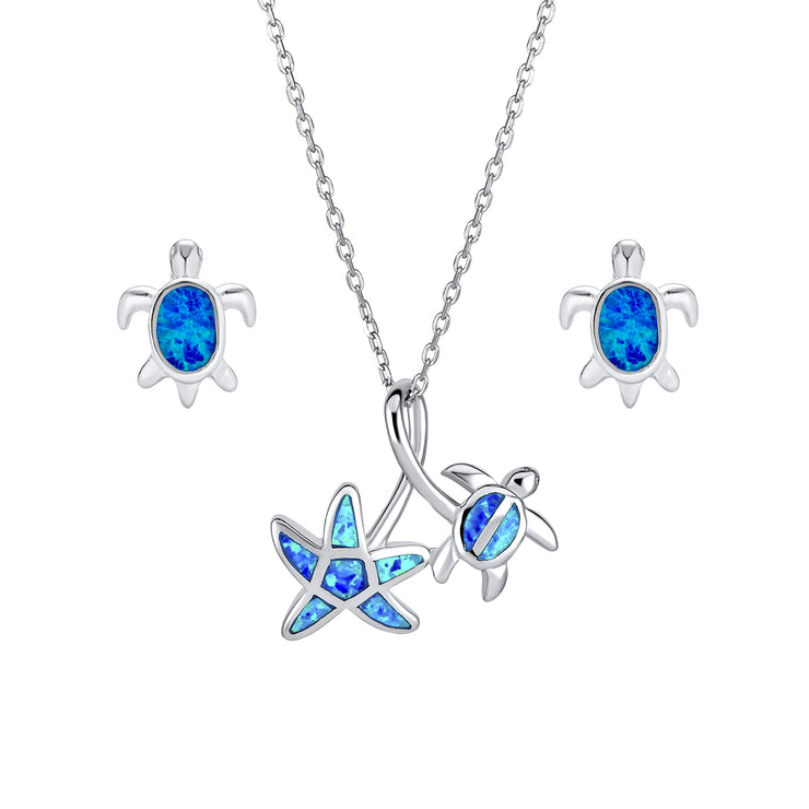 Nautical Starfish & Turtle Blue Opal Pendant Earring Set Sterling Silver