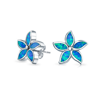 Blue Created Opal Inlay Flower Stud Earrings .925 Sterling Silver