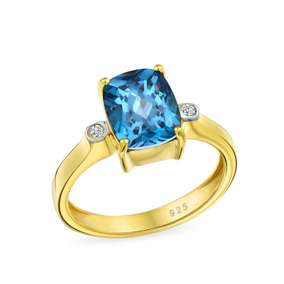 3.17CT London Blue Topaz Emerald Cut Engagement Ring in 14K Gold Plated Silver