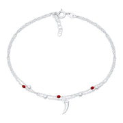 Tooth Horn Red Bead Chili Pepper Anklet Ankle Bracelet .925 Silver