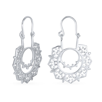 Boho Retro Filigree Mandala Dangle Earrings Sterling Silver Hoop Design