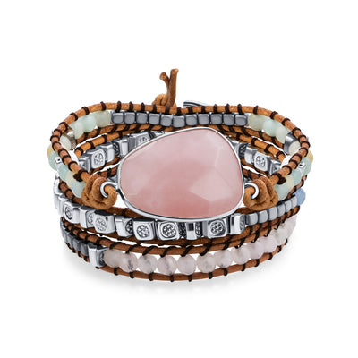 Tree Of Life Genuine Rose Quartz Beaded Leather Triple Wrap Bracelet