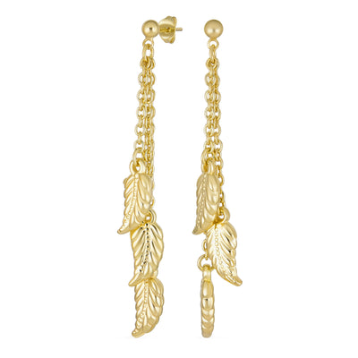 Boho Native American Style Dangle Earrings with Feather Leaf Charms Gold Plated