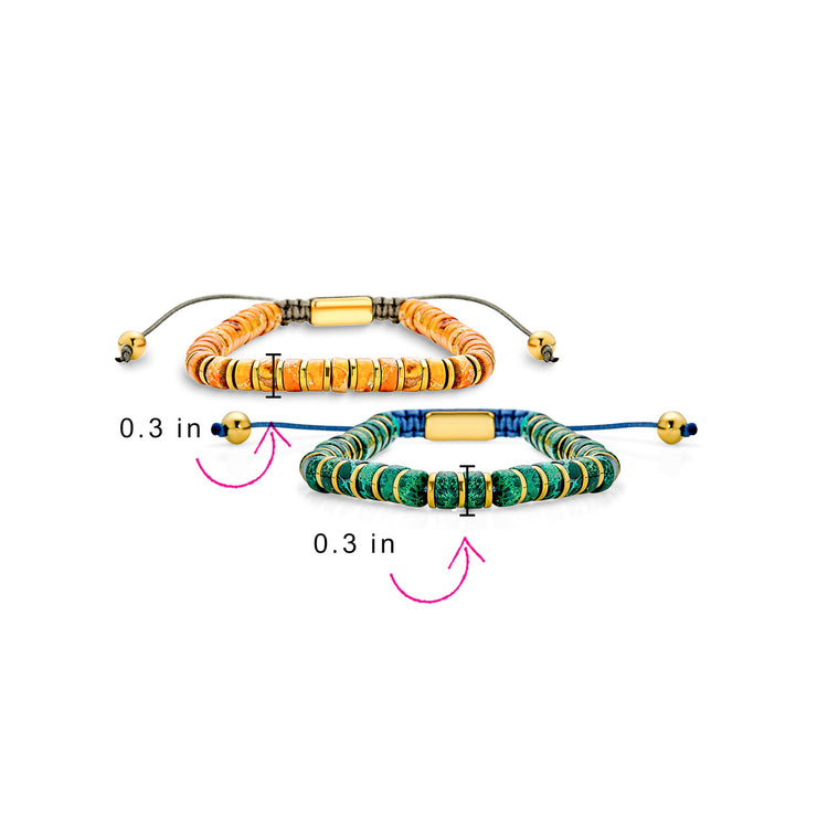Set of Two Orange Agate and Green Malachite Strand Bracelet Gold Plated Spacers
