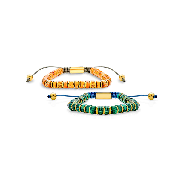 Set of Two Orange Agate and Green Malachite Strand Bracelet Gold Plated Spacers