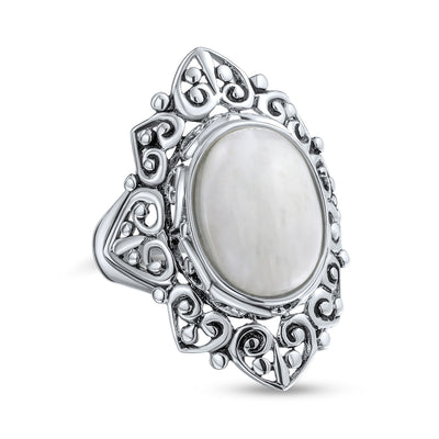 Western Jewelry Boho Silver Ring with Large Gemstone and Moonstone Cabochon