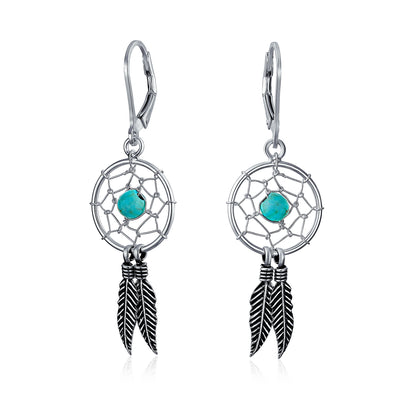 Blue Turquoise Feather Dangle Gemstone Earrings Native American Style Sterling Silver