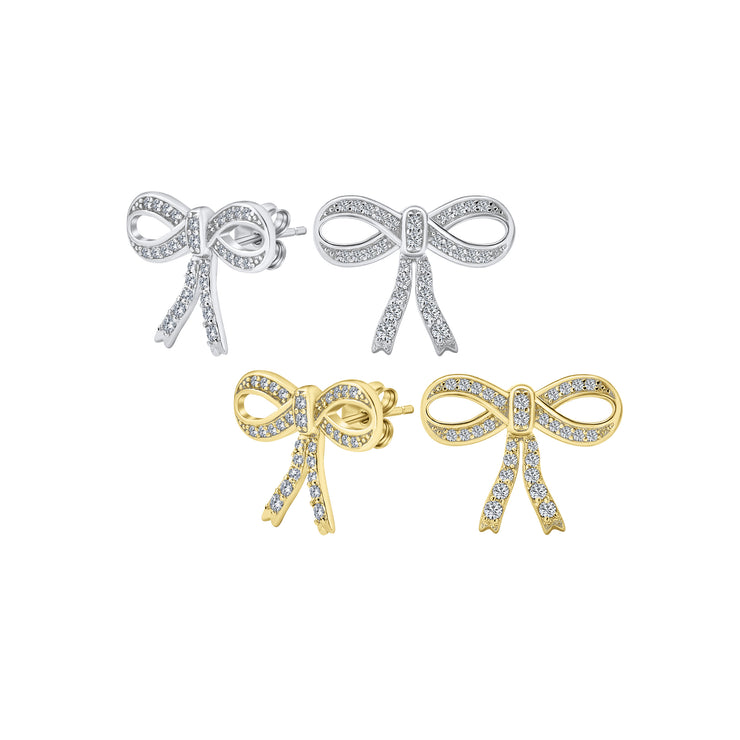 Set of 2 Vintage Ribbon Pave CZ Bow Stud Earrings Gold Plated Sterling Silver