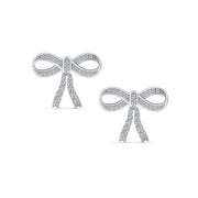Set of 2 Vintage Ribbon Pave CZ Bow Stud Earrings Gold Plated Sterling Silver