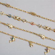 Nautical Stars Dolphins Anklet Figaro Chain Ankle Bracelet Gold Plated
