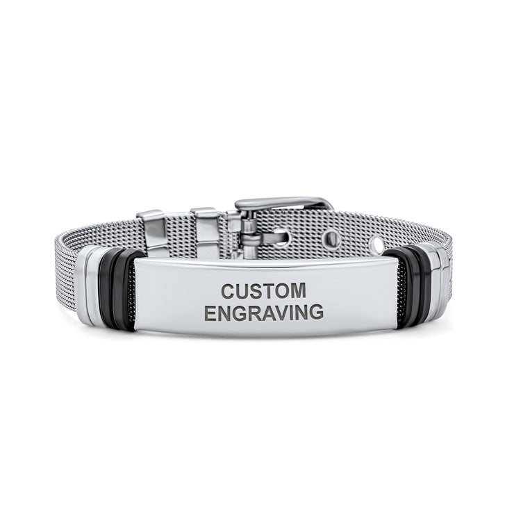 Silver Tone Stainless Steel ID Bracelet for Men with Mesh Band and Name Tag