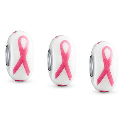 Set of 3 Glass Charm Bead Pink Ribbon Breast Cancer Survivor Murano for Bracelet