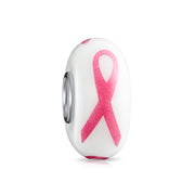 Breast Cancer Survivor Glass Charm Bead with Pink Ribbon and Silver Core