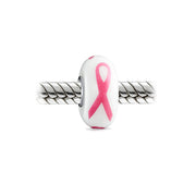 Breast Cancer Survivor Glass Charm Bead with Pink Ribbon and Silver Core