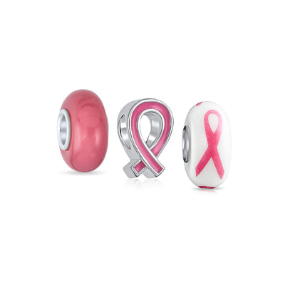 Set of 3 Breast Cancer Survivor Pink Ribbon Glass Spacer Charm Bead Silver Core