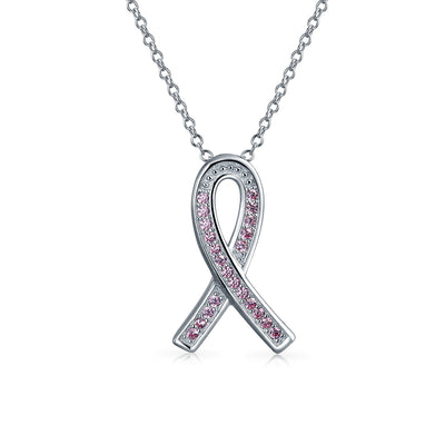 Delicate Pink CZ Ribbon Breast Cancer Survivor Pendant Necklace Sterling Silver