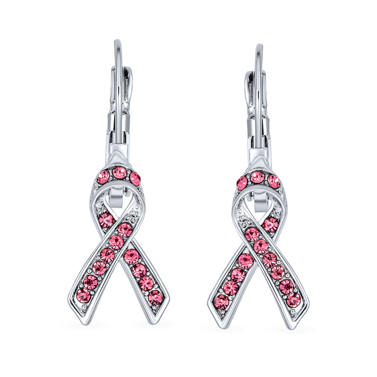 Crystal Pink Breast Cancer Awareness Support Earrings Silver Plated