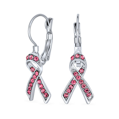 Crystal Pink Breast Cancer Awareness Support Earrings Silver Plated