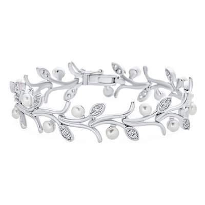 Bridal Flowers Vine CZ Leaf Genuine Pearl Bracelet Silver Plated