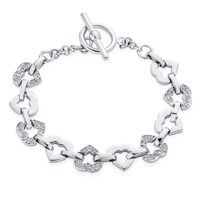 Romantic Bridal Tennis Bracelet with CZ Open Heart Shapes Silver Plated 7 Inch