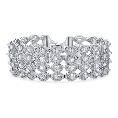 Art Deco Bridal Jewelry CZ Marquise Tennis Bracelet, Silver Plated 7.5 Inches